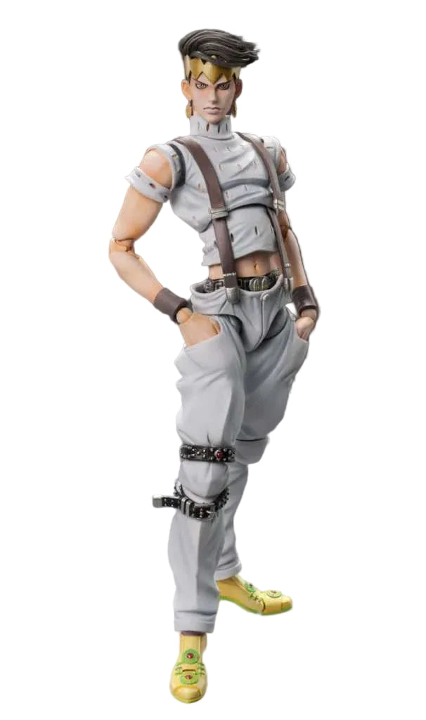 Action figure in gray outfit with suspenders on a gray background