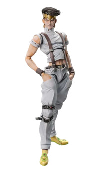Action figure in gray outfit with suspenders on a gray background