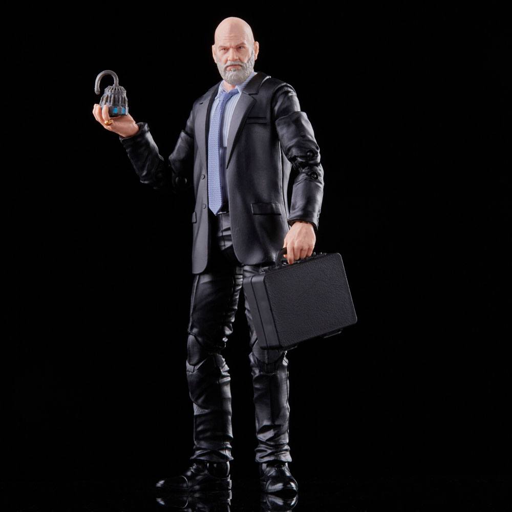 Action figure of a man in a suit holding a briefcase and a lock on a black background