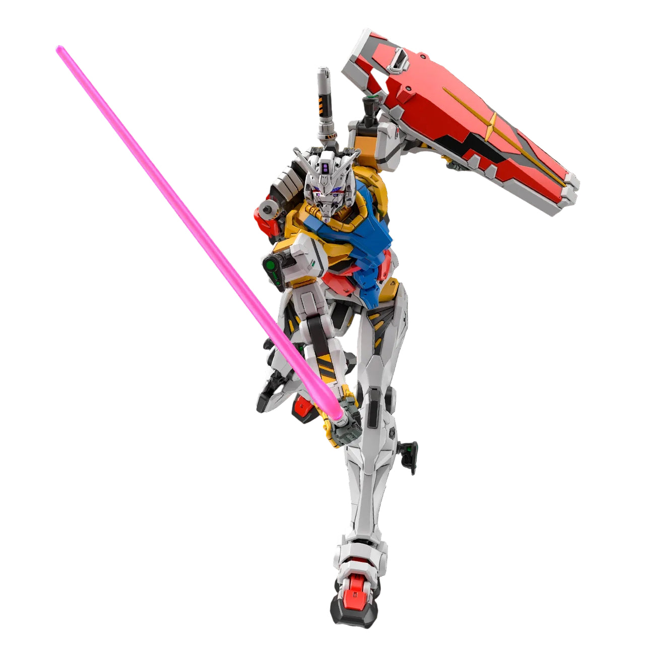 CG representation of a robot holding a pink sword on a black background