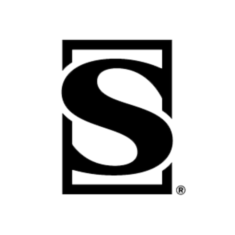 Black logo with a stylized 'S' on a white background