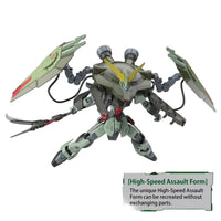Full Mechanics 1/100 Forbidden Gundam model kit in High-Speed Assault form with green armor and articulated wing shields.