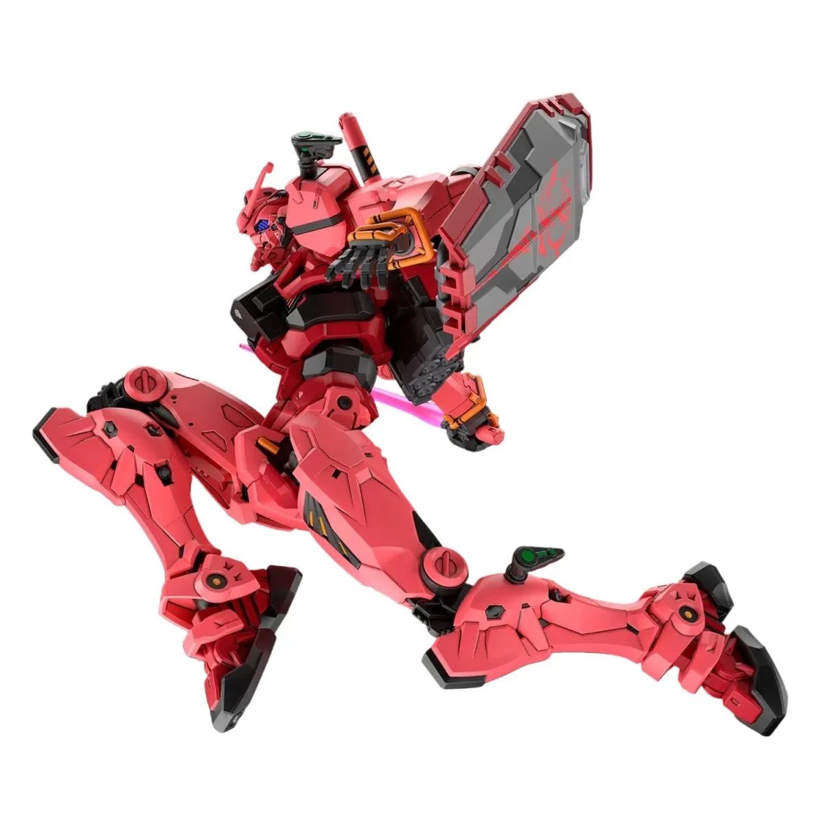Bandai HG 1/144 Red Gundam GQuuuuuuX model kit in a dynamic action pose with shield and beam saber on a white background.
