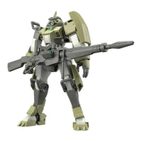 Bandai HG 1/144 Chuchu's Demi Trainer model kit in olive and gray, featuring a large rifle in a front-facing pose.