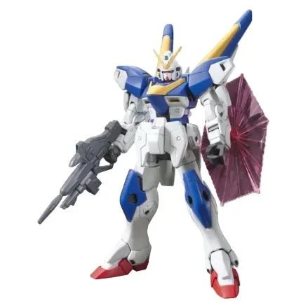 Front view of Bandai HGUC 1/144 Victory Two Gundam model kit in white, blue, and yellow with a translucent pink shield.
