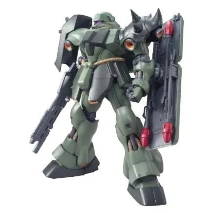 Front view of the Bandai MG 1/100 Geara Doga model kit in olive green armor with a spiked shoulder and beam rifle.