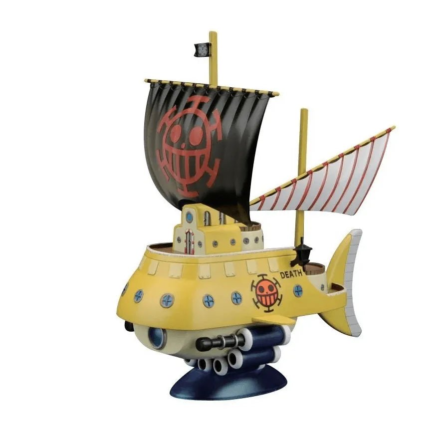Bandai One Piece Trafalgar Law Submarine model kit featuring a yellow hull, black skull sail, and blue display stand.
