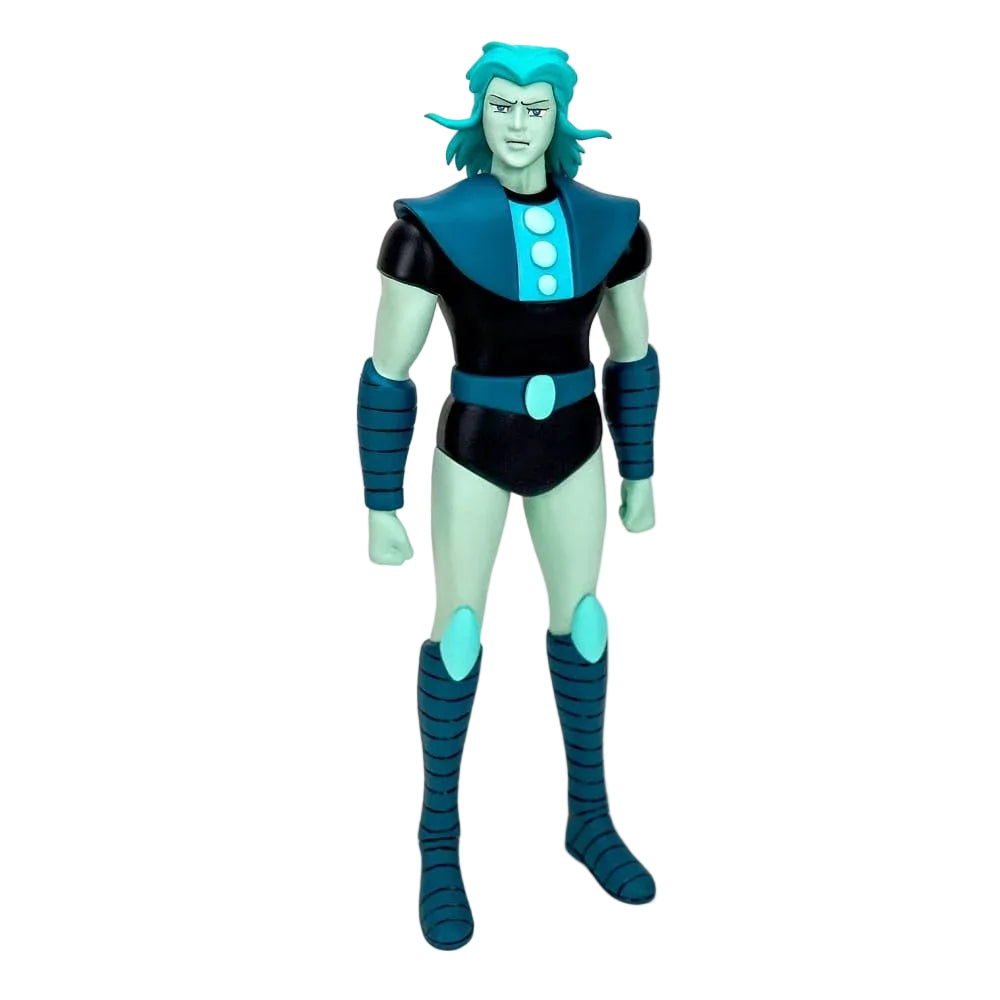 Action figure with blue and black outfit on a white background
