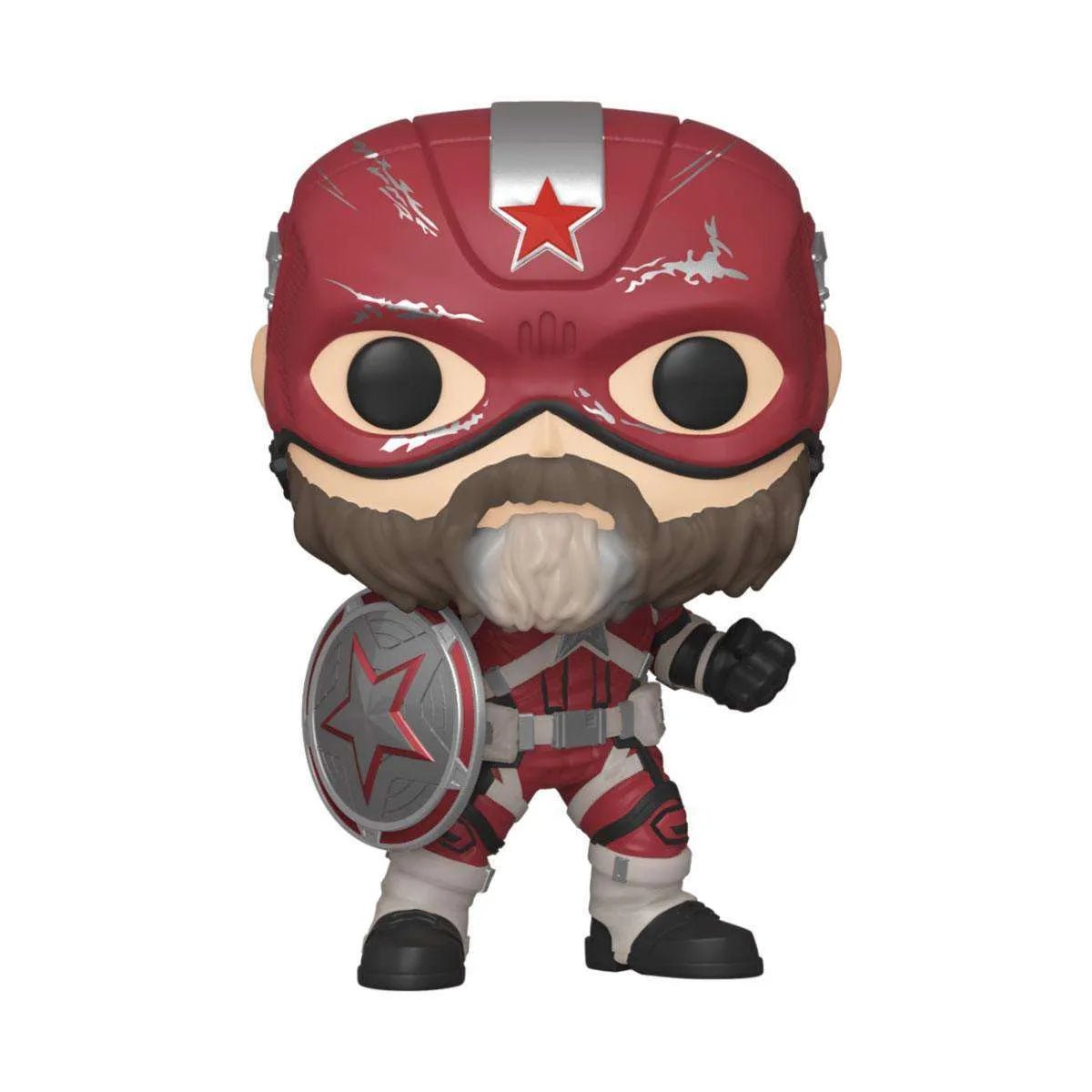 Red Guardian Funko Pop vinyl figure featuring a red helmet, bushy beard, and shield in a front-facing pose.