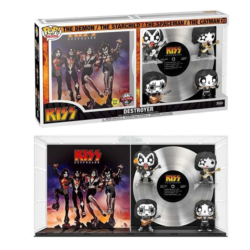 Funko KISS Destroyer POP! Albums 4-pack featuring vinyl figures and a silver record in a display case.
