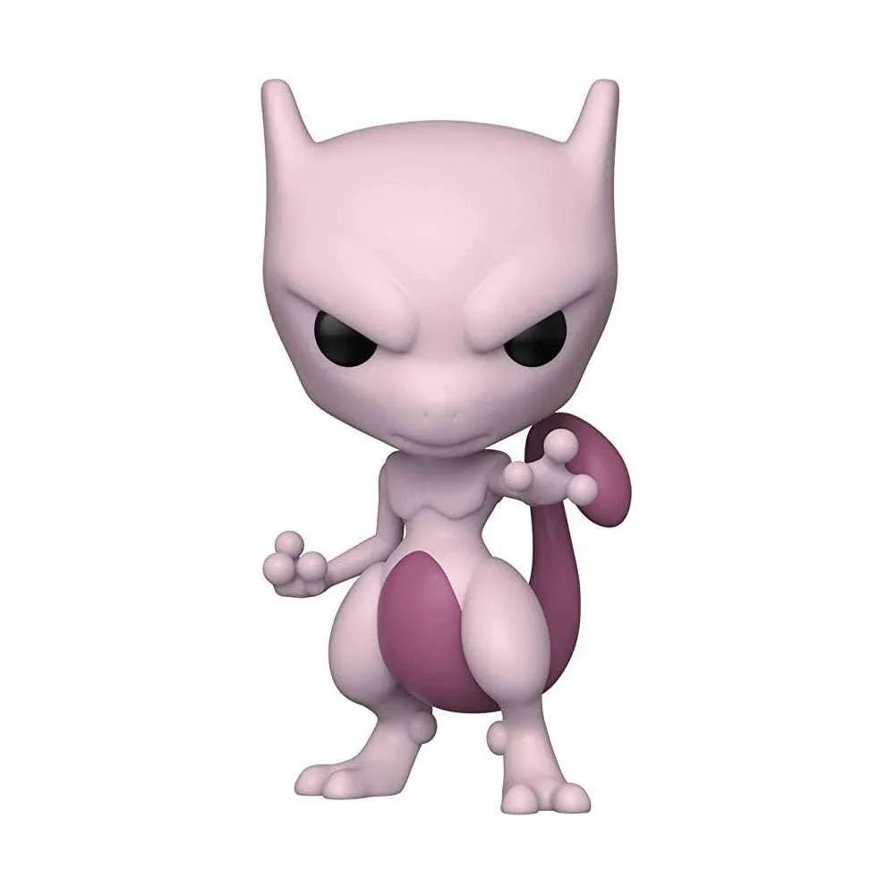 Front view of a light pink Mewtwo Funko Pop vinyl figure with a purple tail and intense black eyes.