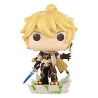 Front view of Funko POP! Aether vinyl figure from Genshin Impact, featuring blonde hair, a blue sword, and rocky base.