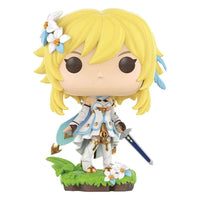 Front view of Lumine Funko POP! vinyl figure with blonde hair, white outfit, and sword on a floral display base.