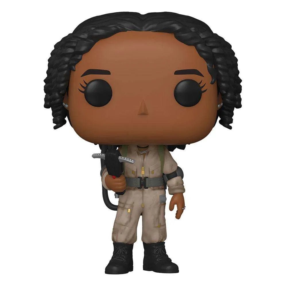 Front view of Funko POP! Lucky vinyl figure from Ghostbusters: Afterlife wearing a tan jumpsuit and holding a proton pack.