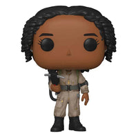 Front view of Funko POP! Lucky vinyl figure from Ghostbusters: Afterlife wearing a tan jumpsuit and holding a proton pack.