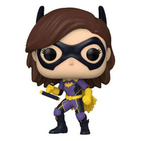Funko POP! Gotham Knights Batgirl #893 vinyl figure wearing a purple and yellow tactical suit with a black mask.