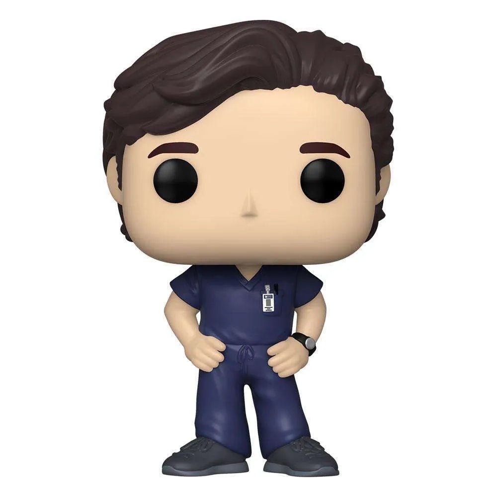 Funko POP Derek Shepherd vinyl figure wearing dark blue medical scrubs and a hospital ID badge, front view.