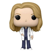 Funko POP Meredith Grey vinyl figure wearing a white lab coat over navy blue scrubs, front view on white background.