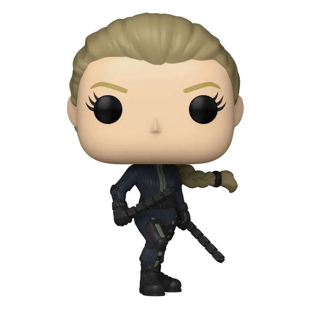 Front view of a 9cm Funko POP Hawkeye Yelena Belova vinyl figure with blonde hair, wearing a dark tactical suit.