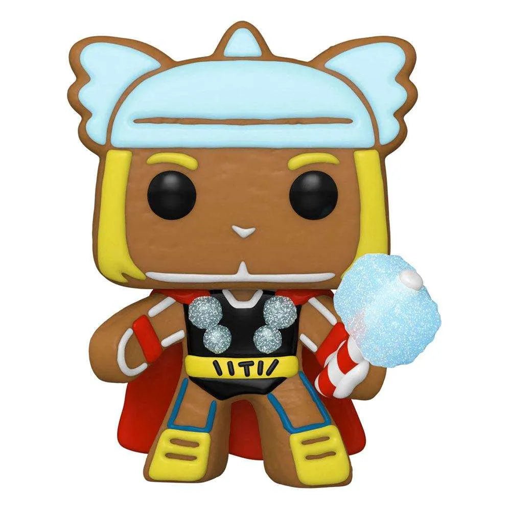Funko POP! Marvel Thor Gingerbread Man vinyl figure with a light blue helmet, candy cane hammer, and red cape.