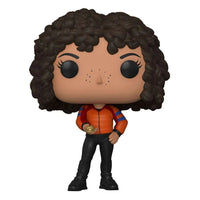 Funko POP! Layla El-Faouly figure with curly brown hair, wearing an orange jacket and black pants, front view.