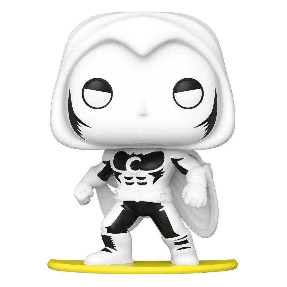 Funko POP! Moon Knight Spotlight #28 vinyl figure in a black and white suit standing on a yellow base, front view.