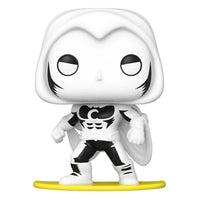 Funko POP! Moon Knight Spotlight #28 vinyl figure in a black and white suit standing on a yellow base, front view.