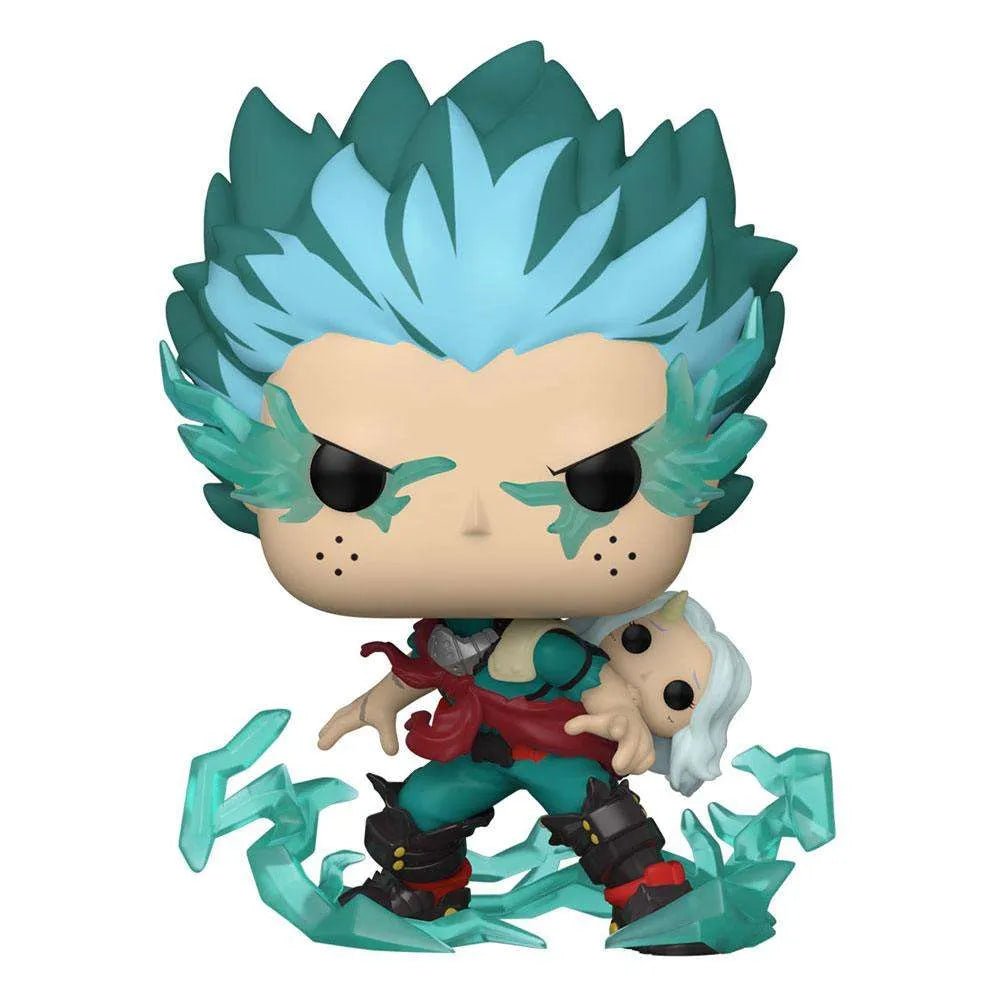 Funko POP! Infinite Deku with Eri vinyl figure featuring teal energy effects and Deku carrying Eri in a front view.
