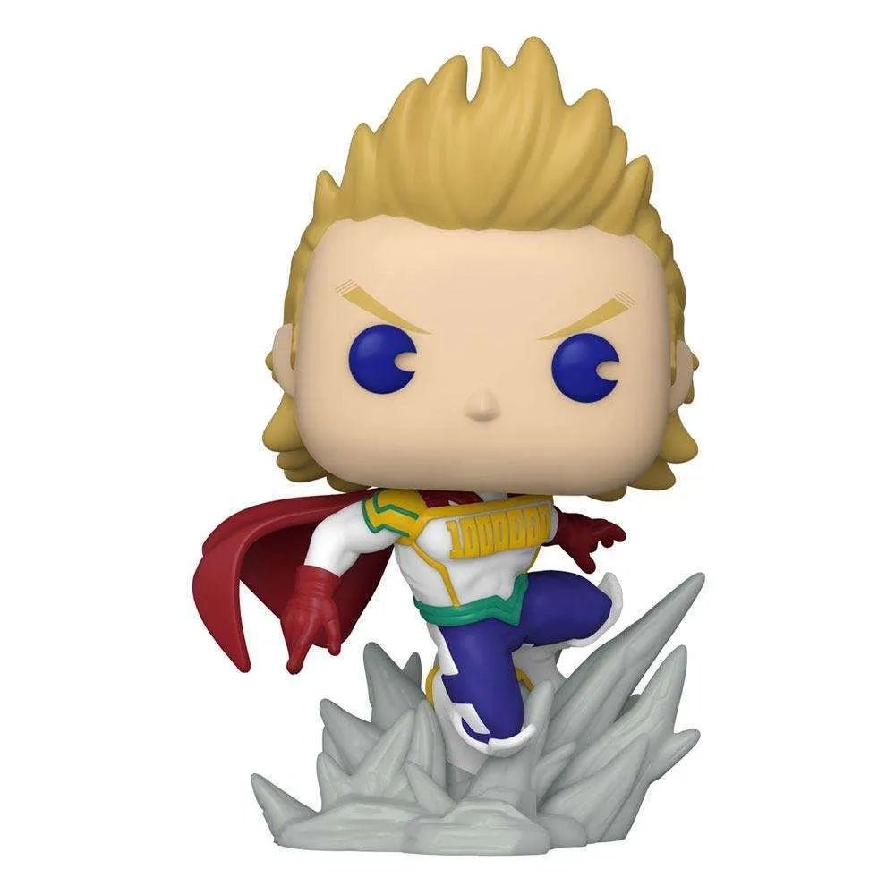 Funko POP! Mirio Togata vinyl figure in hero costume, featuring blonde hair, a red cape, and a dynamic base.