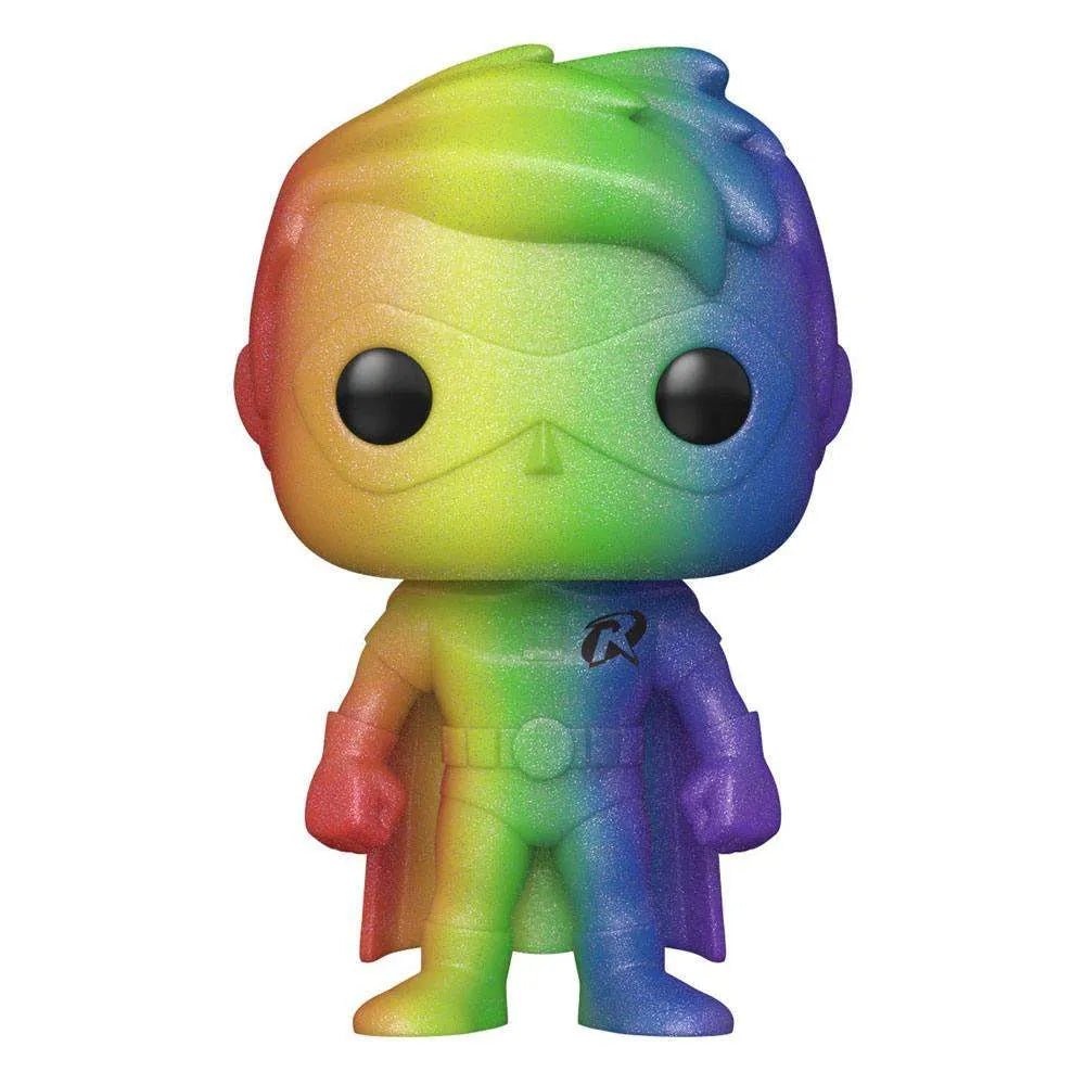 Front view of a glittery, rainbow-colored Funko POP! Pride 2022 DC Comics Robin vinyl figure.