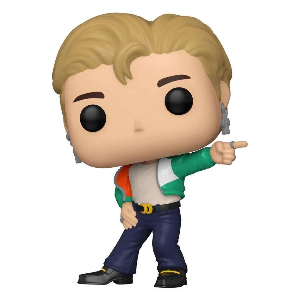 Funko POP! Rocks BTS Jimin Dynamite vinyl figure wearing a green and orange jacket, pointing with his left hand.