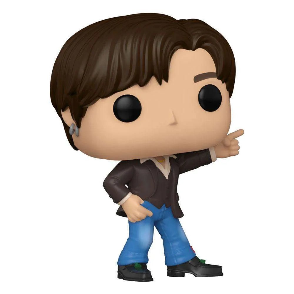 Funko POP! Rocks BTS Suga Dynamite vinyl figure wearing a brown blazer and blue jeans, pointing with his left hand.