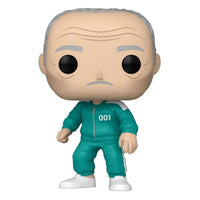 Funko POP! Squid Game Oh Il-nam 001 figure wearing a teal tracksuit with white stripes and number 001 on the chest.