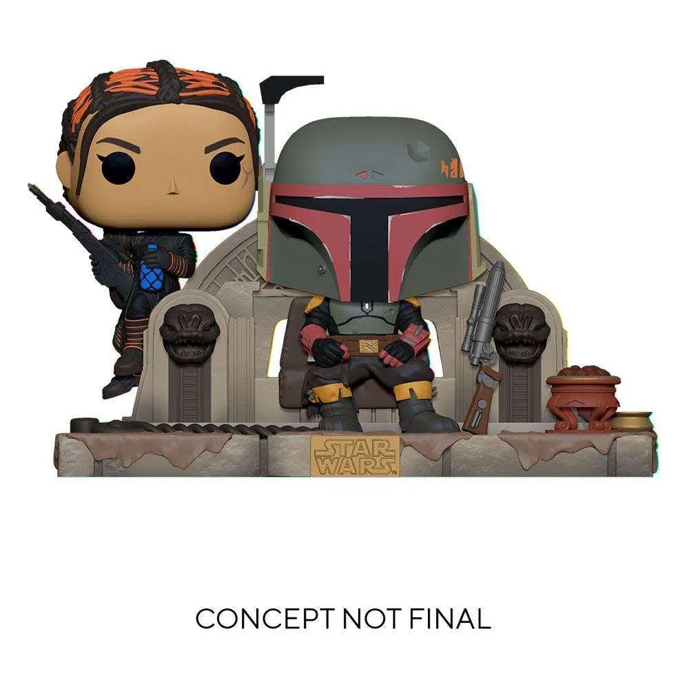 Funko POP! Moment 2-pack of Boba Fett sitting on a throne with Fennec Shand standing beside him in vinyl figure style.