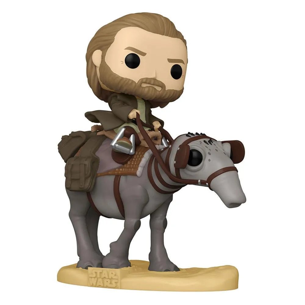Funko Pop Ben Kenobi riding a grey Eopie on a desert-themed Star Wars display base, side view.