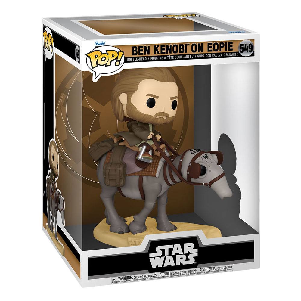 Funko Pop! Ben Kenobi on Eopie #549 vinyl figure inside its branded display box with a desert-themed backdrop.