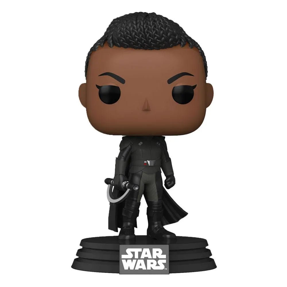 Funko Pop! Reva (Third Sister) #542 figure in black armor holding a lightsaber on a Star Wars display stand.