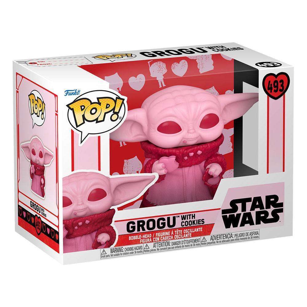 Funko Pop! Grogu Valentine's Day #493 in its white and red themed display box, featuring a pink Grogu holding cookies.