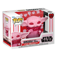 Funko Pop! Grogu Valentine's Day #493 in its white and red themed display box, featuring a pink Grogu holding cookies.