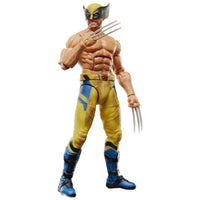 Hasbro Marvel Legends bare-chested Wolverine action figure in yellow and blue suit with extended metal claws, front view.