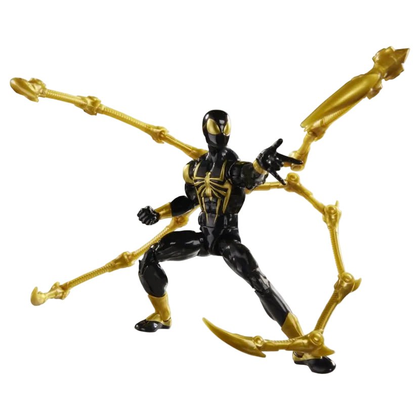 Hasbro Marvel Legends Iron Spider Aaron Davis action figure in a black and gold suit with four articulated mechanical arms.
