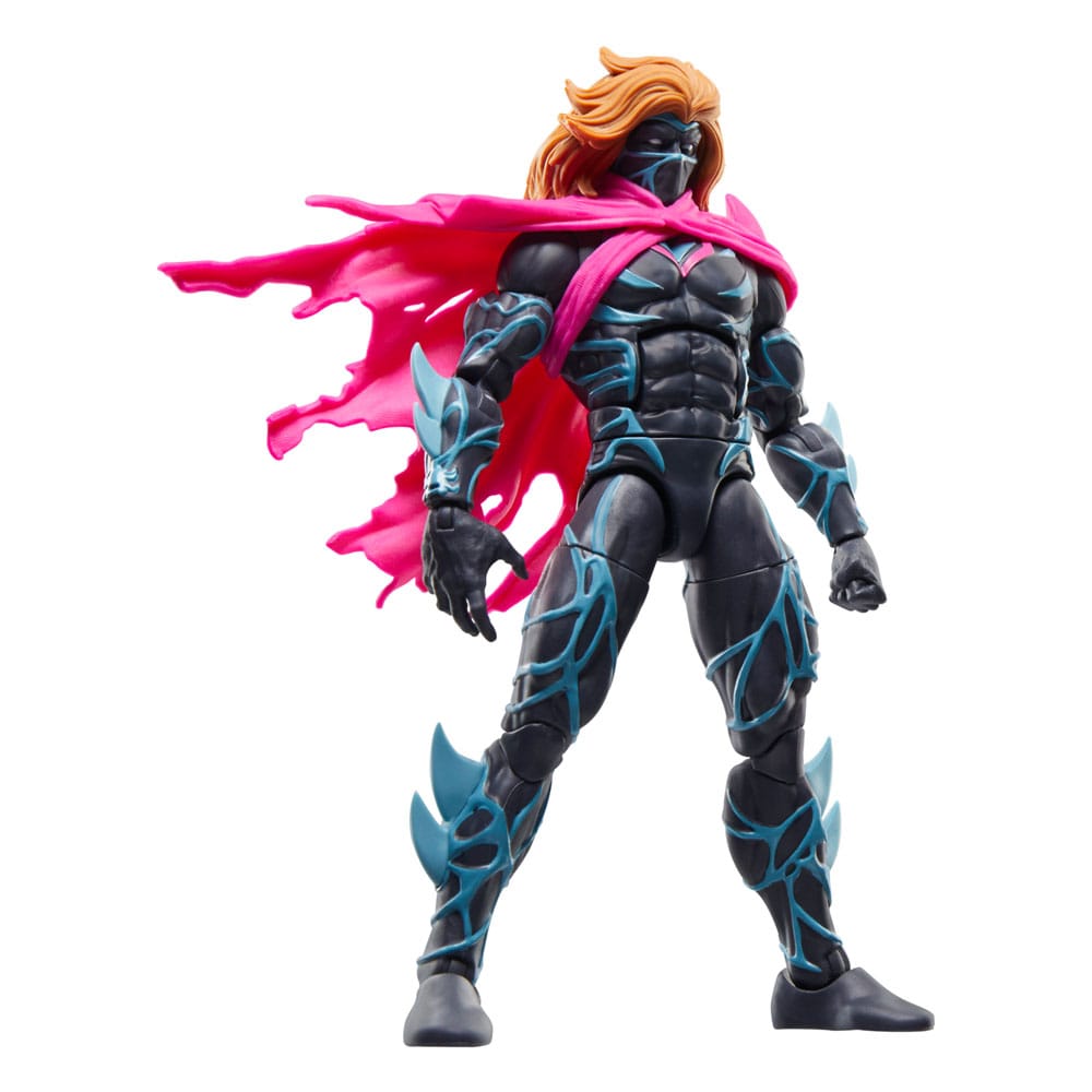 Hasbro Marvel Legends Retro Marvel's Kaine action figure with black suit, blue web details, and a flowing pink cape.