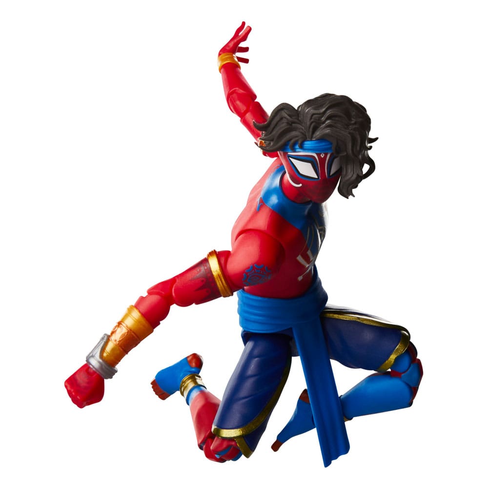 Hasbro Marvel Legends Pavitr Prabhakar action figure in a dynamic crouching pose with red and blue suit and dark hair.