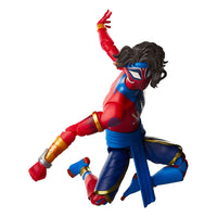 Hasbro Marvel Legends Pavitr Prabhakar action figure in a dynamic crouching pose with red and blue suit and dark hair.