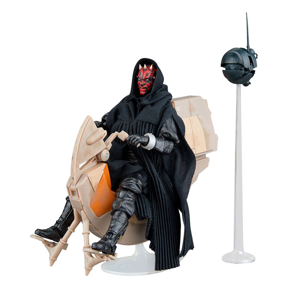 Hasbro Star Wars Black Series Darth Maul figure in black robes riding a tan Sith Speeder with a floating probe droid.