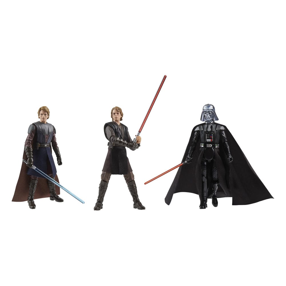 Hasbro Star Wars Vintage Collection Anakin Skywalker 3-pack featuring three 10cm figures with lightsabers and fabric capes.