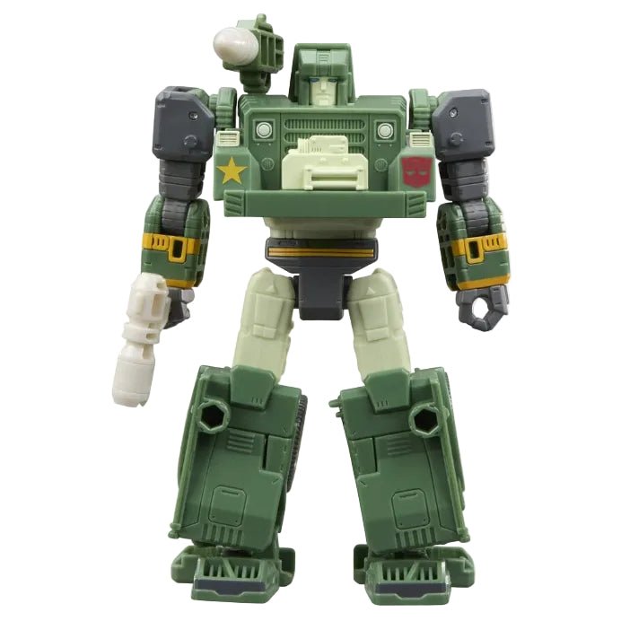 Front view of the green Hasbro Transformers Studio Series Autobot Hound action figure with a shoulder-mounted cannon.