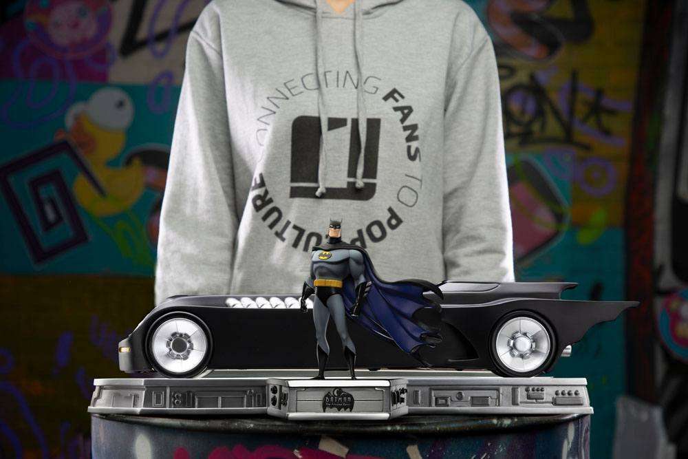 Iron Studios Batman The Animated Series 1/10 scale statue with Batmobile on a detailed base, front view.