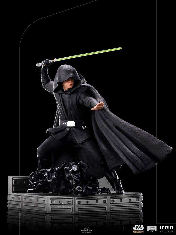 Iron Studios 1/10 Luke Skywalker Combat Version statue in black robes wielding a green lightsaber on a base.