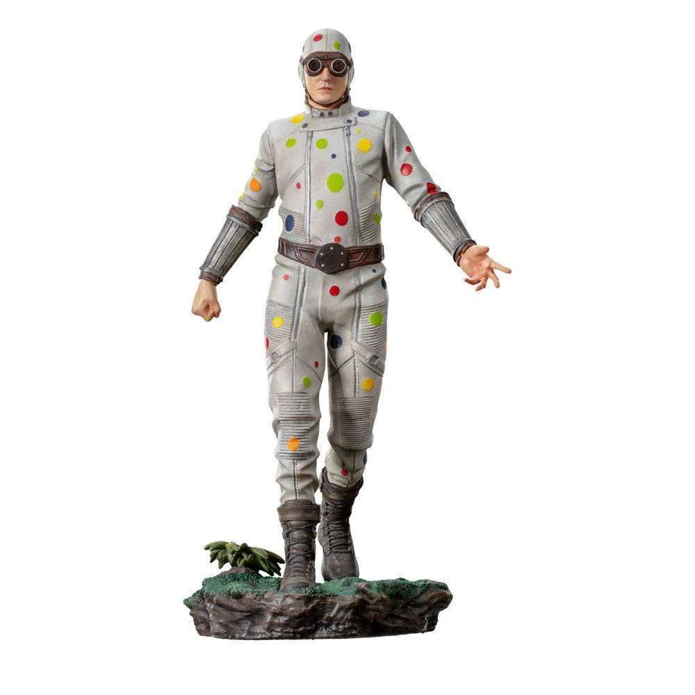 Front view of Iron Studios Polka-Dot Man 1/10 scale statue wearing a grey suit with colorful dots and goggles.